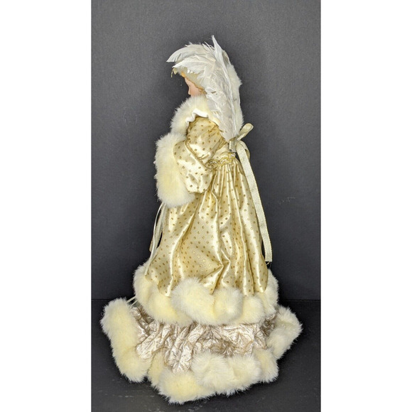 Angel Tree Topper 17" Gold Ivory Porcelain Face & Hands Feather Wings Fur Robe - Picture 4 of 9
